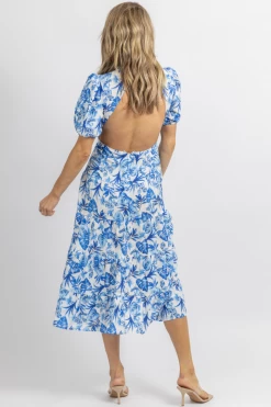 SUNDAY UP BLUE TROPICAL SHORT SLEEVE CUTOUT MIDI DRESS
