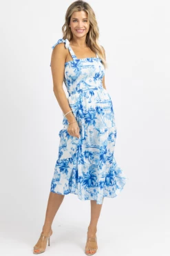 SUNDAY UP BLUE TROPICAL PALM SMOCK MIDI DRESS