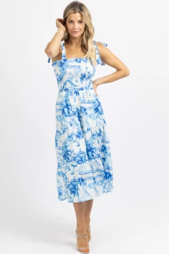 SUNDAY UP BLUE TROPICAL PALM SMOCK MIDI DRESS