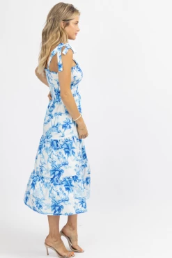 SUNDAY UP BLUE TROPICAL PALM SMOCK MIDI DRESS
