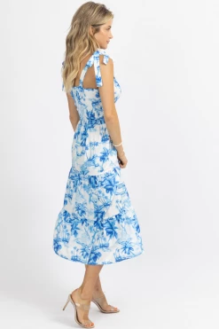 SUNDAY UP BLUE TROPICAL PALM SMOCK MIDI DRESS