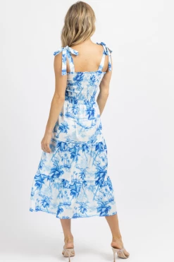 SUNDAY UP BLUE TROPICAL PALM SMOCK MIDI DRESS