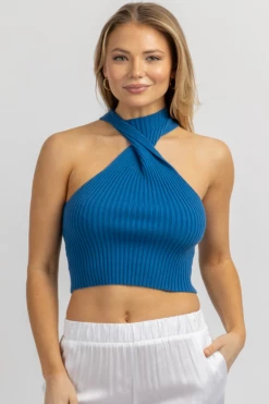 BLUE BLUSH NEW ARRIVALS BLUE TWIST MOCKNECK KNIT TOP