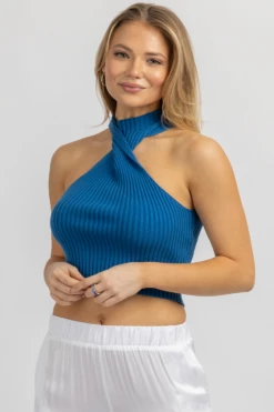 BLUE BLUSH NEW ARRIVALS BLUE TWIST MOCKNECK KNIT TOP