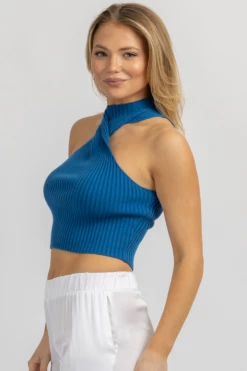 BLUE BLUSH NEW ARRIVALS BLUE TWIST MOCKNECK KNIT TOP
