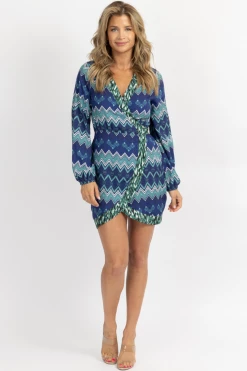 DEE ELLY BLUE MULTI-ZIGZAG WRAP MINI DRESS 7 DEE ELLY BLUE MULTI-ZIGZAG WRAP MINI DRESS