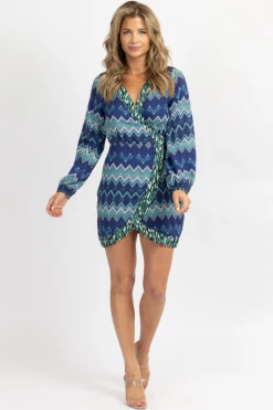 DEE ELLY BLUE MULTI-ZIGZAG WRAP MINI DRESS