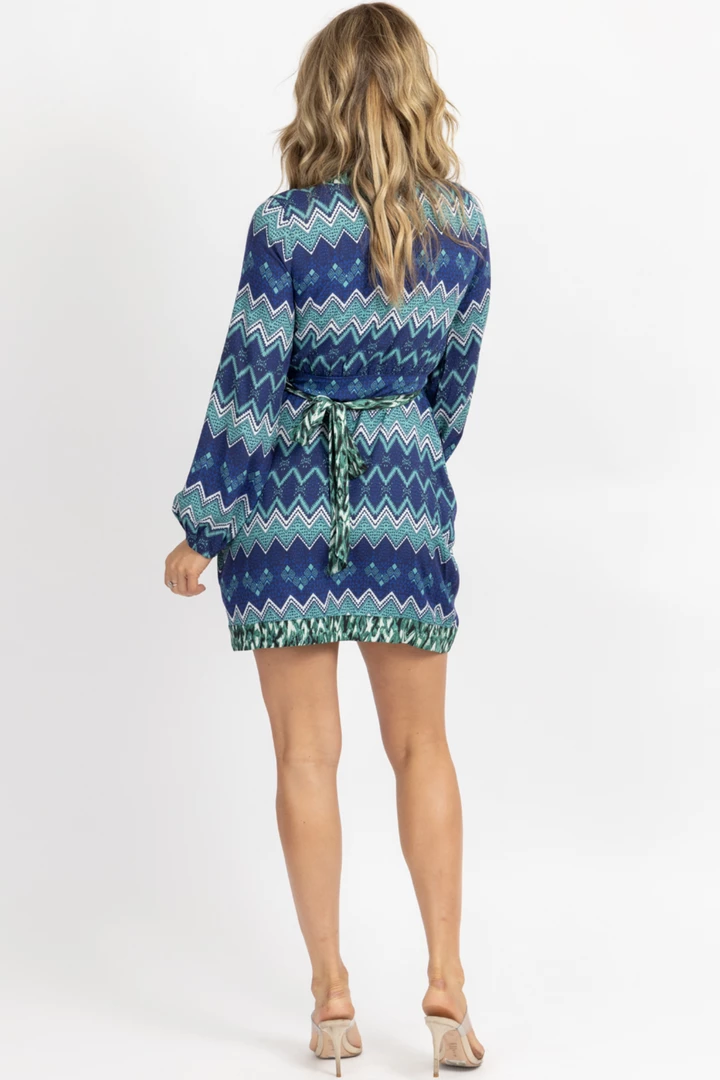 DEE ELLY BLUE MULTI-ZIGZAG WRAP MINI DRESS 5 DEE ELLY BLUE MULTI-ZIGZAG WRAP MINI DRESS