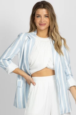SUNDAY UP NEW ARRIVALS LIGHT BLUE STRIPED NOTCHED COLLAR BLAZER