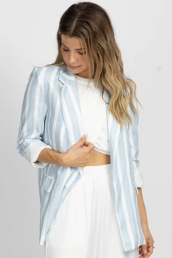 SUNDAY UP NEW ARRIVALS LIGHT BLUE STRIPED NOTCHED COLLAR BLAZER