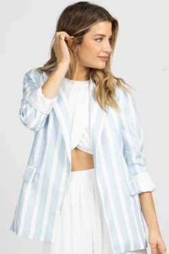 SUNDAY UP NEW ARRIVALS LIGHT BLUE STRIPED NOTCHED COLLAR BLAZER