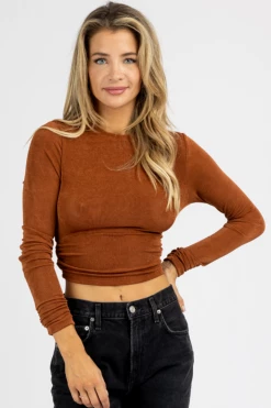 MABLE NEW ARRIVALS RUSSET SLINKY OPEN BACK CROP TOP