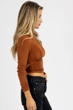 MABLE NEW ARRIVALS RUSSET SLINKY OPEN BACK CROP TOP