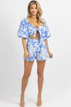 LUXXEL NEW ARRIVALS BRIGHT BLUE FLORAL PUFF SLEEVE ROMPER