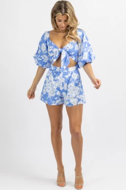 LUXXEL NEW ARRIVALS BRIGHT BLUE FLORAL PUFF SLEEVE ROMPER
