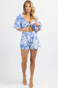 LUXXEL NEW ARRIVALS BRIGHT BLUE FLORAL PUFF SLEEVE ROMPER