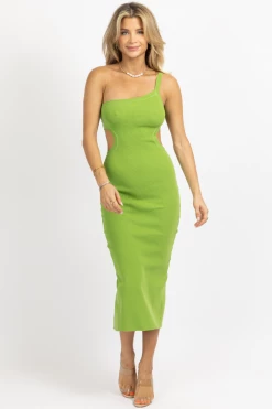 EMORY PARK BRIGHT GREEN OPEN-SIDE ONE SHOULDER MIDI DRESS