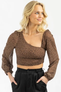 ENDLESS BLU BROWN DOTTED ASYMMETRIC RUCHED TOP NEW ARRIVALS 16 ENDLESS BLU BROWN DOTTED ASYMMETRIC RUCHED TOP NEW ARRIVALS