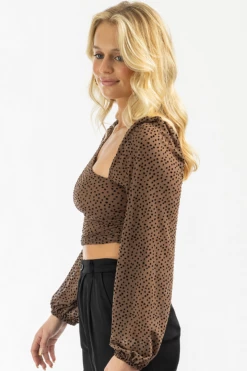 ENDLESS BLU BROWN DOTTED ASYMMETRIC RUCHED TOP NEW ARRIVALS 18 ENDLESS BLU BROWN DOTTED ASYMMETRIC RUCHED TOP NEW ARRIVALS