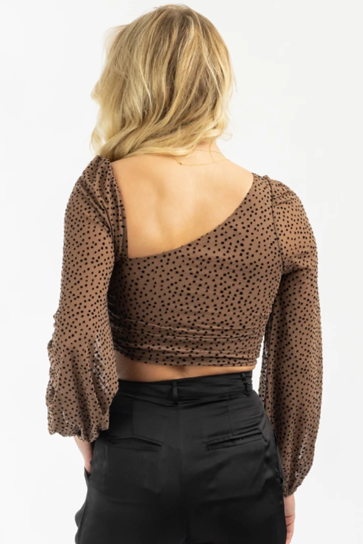 ENDLESS BLU BROWN DOTTED ASYMMETRIC RUCHED TOP NEW ARRIVALS 10 ENDLESS BLU BROWN DOTTED ASYMMETRIC RUCHED TOP NEW ARRIVALS