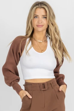 IDEM DITTO NEW ARRIVALS BROWN KNIT BOLERO CROPPED SWEATER
