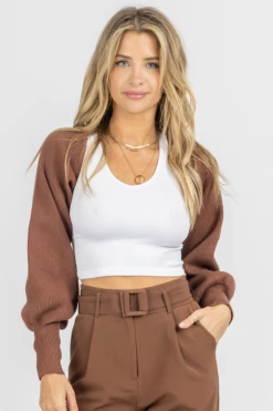 IDEM DITTO NEW ARRIVALS BROWN KNIT BOLERO CROPPED SWEATER 7 IDEM DITTO NEW ARRIVALS BROWN KNIT BOLERO CROPPED SWEATER