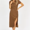 FORE COLLECTION BROWN ASYMMETRICAL BUTTON MIDI DRESS *BACK IN STOCK* NEW ARRIVALS