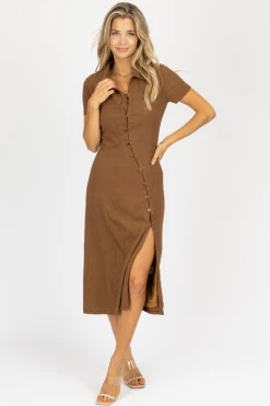 FORE COLLECTION BROWN ASYMMETRICAL BUTTON MIDI DRESS *BACK IN STOCK* NEW ARRIVALS