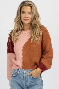 DEE ELLY BROWN COMBO ABSTRACT CREWNECK SWEATER