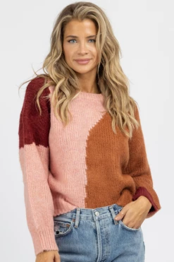 DEE ELLY BROWN COMBO ABSTRACT CREWNECK SWEATER