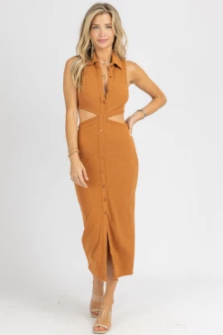 EMORY PARK NEW ARRIVALS CAMEL COLLARED CUTOUT MIDI DRESS