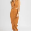 EMORY PARK NEW ARRIVALS CAMEL COLLARED CUTOUT MIDI DRESS