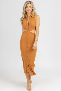 EMORY PARK NEW ARRIVALS CAMEL COLLARED CUTOUT MIDI DRESS