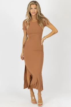 LE LIS LIGHT BROWN ONE-SIDED CUTOUT MIDI DRESS NEW ARRIVALS
