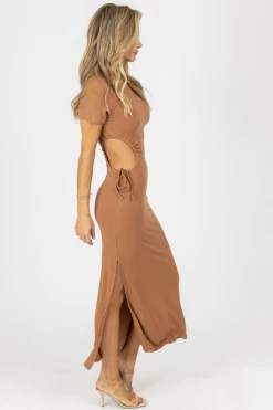 LE LIS LIGHT BROWN ONE-SIDED CUTOUT MIDI DRESS NEW ARRIVALS