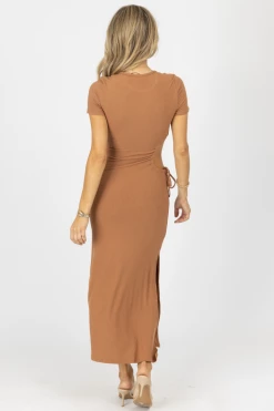 LE LIS LIGHT BROWN ONE-SIDED CUTOUT MIDI DRESS NEW ARRIVALS