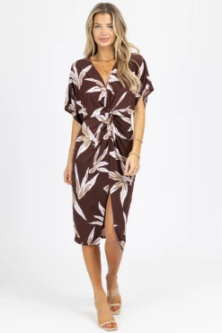 LOVELY DAY BROWN FRONT TWIST DOLMAN MIDI DRESS NEW ARRIVALS