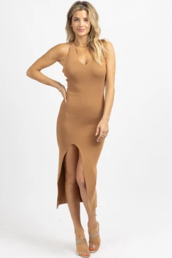 LULUNICO BROWN GOLD CHAIN CROSSBACK MIDI DRESS