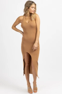 LULUNICO BROWN GOLD CHAIN CROSSBACK MIDI DRESS