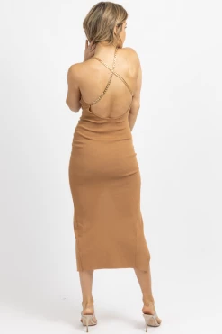 LULUNICO BROWN GOLD CHAIN CROSSBACK MIDI DRESS
