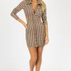 BAILEY ROSE NEW ARRIVALS BROWN HOUNDSTOOTH OPEN BACK MINI DRESS *BACK IN STOCK*