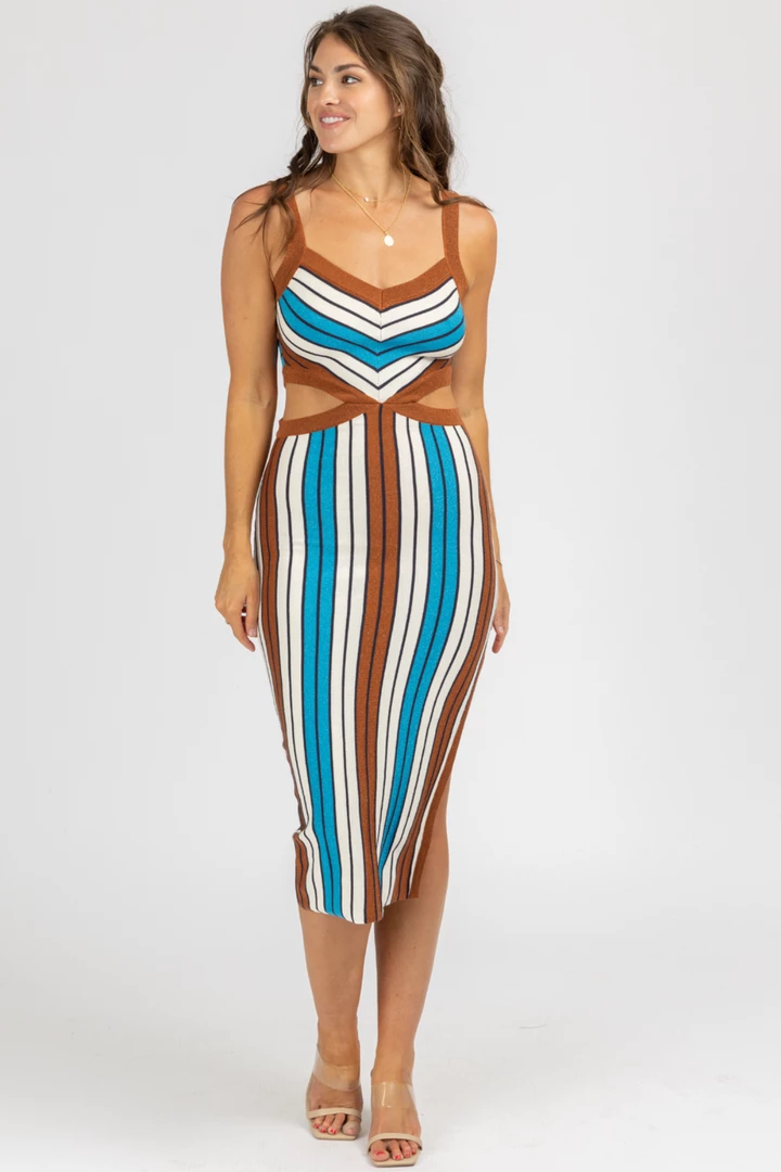 DEE ELLY CLOTHING BROWN MULTISTRIPE CUTOUT KNIT MIDI DRESS 2 DEE ELLY CLOTHING BROWN MULTISTRIPE CUTOUT KNIT MIDI DRESS