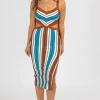 DEE ELLY CLOTHING BROWN MULTISTRIPE CUTOUT KNIT MIDI DRESS