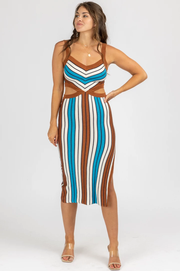 DEE ELLY CLOTHING BROWN MULTISTRIPE CUTOUT KNIT MIDI DRESS 3 DEE ELLY CLOTHING BROWN MULTISTRIPE CUTOUT KNIT MIDI DRESS