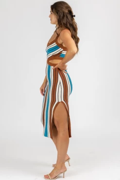 DEE ELLY CLOTHING BROWN MULTISTRIPE CUTOUT KNIT MIDI DRESS 8 DEE ELLY CLOTHING BROWN MULTISTRIPE CUTOUT KNIT MIDI DRESS