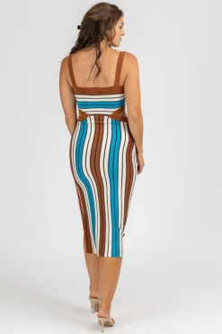 DEE ELLY CLOTHING BROWN MULTISTRIPE CUTOUT KNIT MIDI DRESS 9 DEE ELLY CLOTHING BROWN MULTISTRIPE CUTOUT KNIT MIDI DRESS
