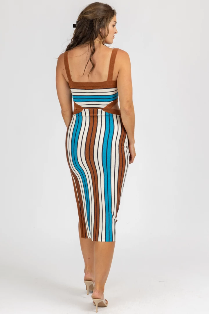 DEE ELLY CLOTHING BROWN MULTISTRIPE CUTOUT KNIT MIDI DRESS 5 DEE ELLY CLOTHING BROWN MULTISTRIPE CUTOUT KNIT MIDI DRESS
