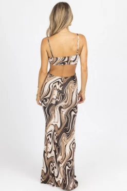 OMG STYLES BROWN MULTISWIRL CUTOUT MAXI DRESS CLOTHING