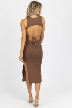ENDLESS BLU BROWN SOLID OPEN BACK MIDI DRESS *BACK IN STOCK*