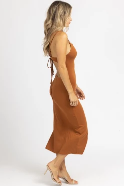 CRESCENT BROWN OPEN TIE-BACK MIDI DRESS 9 CRESCENT BROWN OPEN TIE-BACK MIDI DRESS